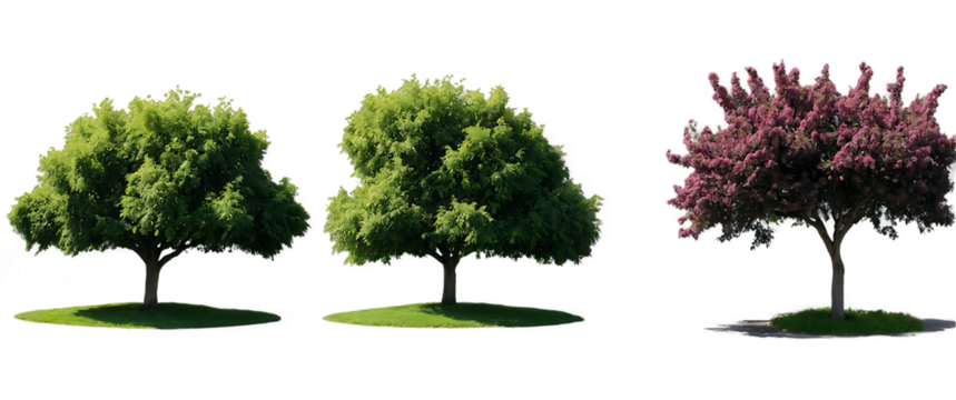 Three Isolated Trees Green Weeping Willow Red Flowering Tree