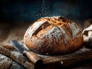 A fresh loaf of artisan bread on a wooden board with flour dust and a knife