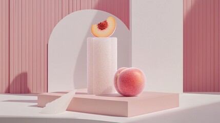 Modern still life composition featuring peaches and abstract shapes in soft pink tones