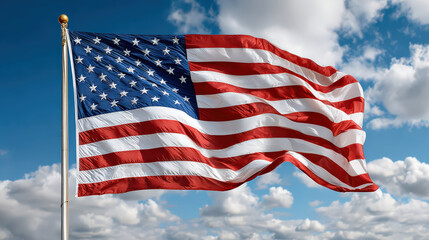 Obraz premium American flag waving in bright natural light against blue sky with scattered clouds, symbolizing patriotism and freedom in outdoor setting