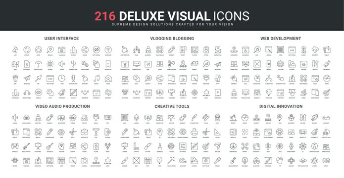 Creative video for vlogging, blogging line icon set. Digital tool and idea, devices for data monitoring, web design editing algorithms and development thin black outline symbols vector illustration