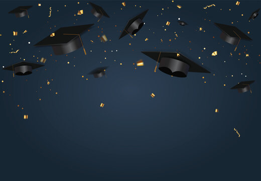 Graduation class of 2021 with graduation cap hat and confetti. Vector Illustration