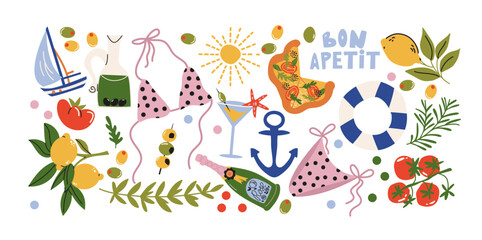 Cartoon Italian summer stickers in retro 90s style. Summer party, vacation, beach season, pizza, sun, cocktails. Bright summer elements and shapes. Sticker pack of patches, labels, stamps © Limpreom