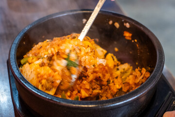 Korean Kimchi Fried Rice in Hot Stone Bowl