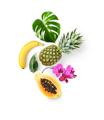 Composition with tropical fruits, flowers, leaves photography isolated on white background