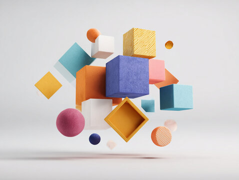 An abstract 3D render of colorful geometric shapes floating on a white background 