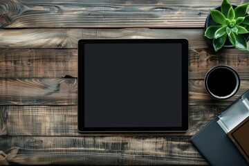 Ultra Quality Image of Top View Desk Concept with Mockup Tablet