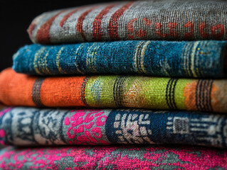 A stack of colorful folded fabrics with different textures and patterns