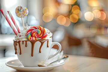 Detailed Color Image of Capuccino with Sugar Lollipops for Breakfast