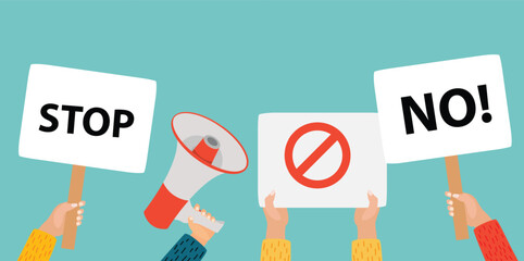 People Hands holding blank placard, protests banners, empty vote signs. Vector Illustration