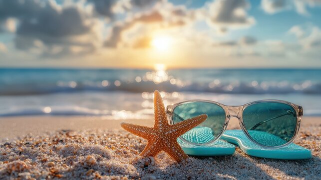 Background for summer beach holiday, sunglasses, starfish, turquoise flip-flops on sandy tropical beach