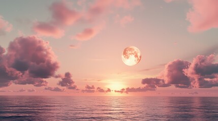 Horizon, clouds and full moon by ocean with sunset for peace