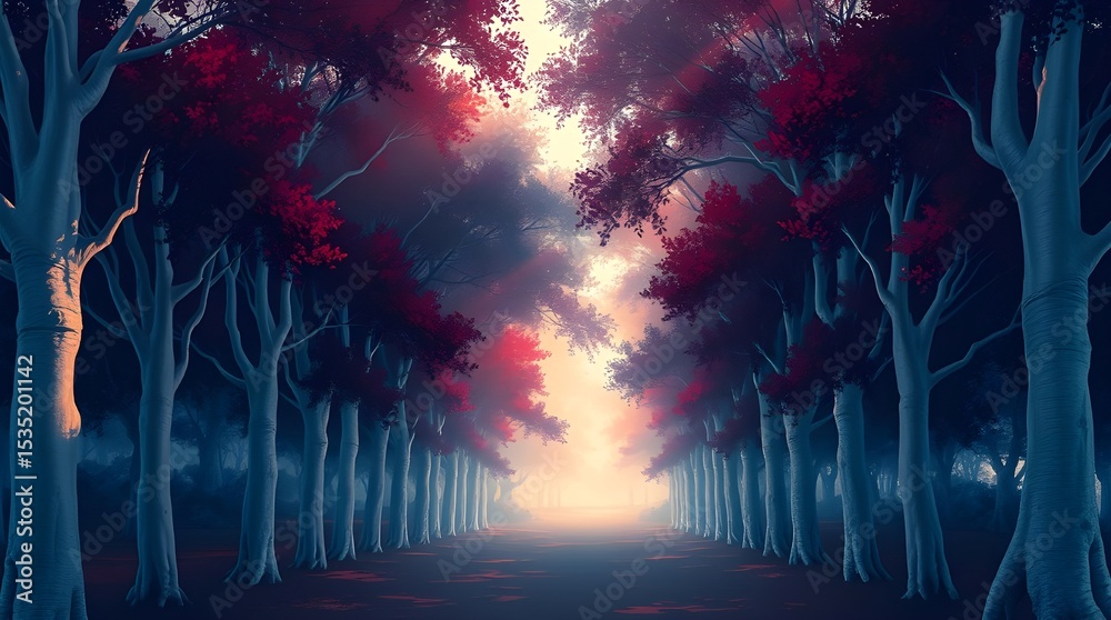 Wall mural a vivid forest scene showcases a pathway surrounded by tall trees with deep red leaves, illuminated 