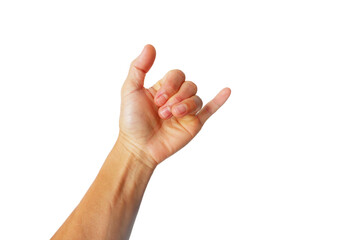 Asian man's hands showing in various gestures on white background.