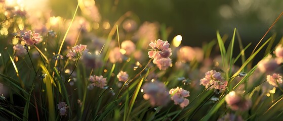 fresh green grass covered in soft flower petals, reflecting golden hour glow.