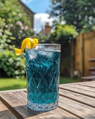 Refreshing blue cocktail served in a fancy glass on a wooden table surrounded by green garden foliage during a sunny day