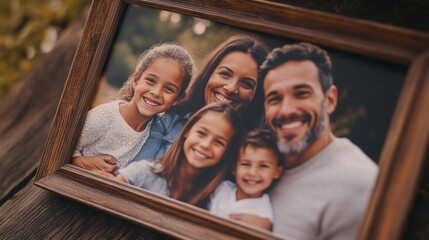 Close-up of family photo in a frame showing diverse and loving household