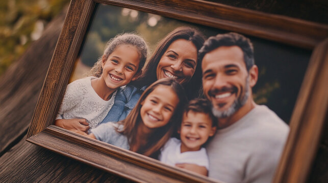 Close-up of family photo in a frame showing diverse and loving household