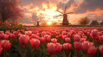 Beautiful landscape with red tulips field, traditional windmills