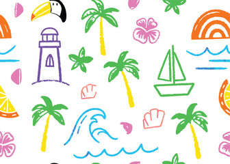 A vibrant vector illustration of tropical summer travel icons featuring palm trees, a beach, the sun, and the ocean, perfect for your next island vacation design