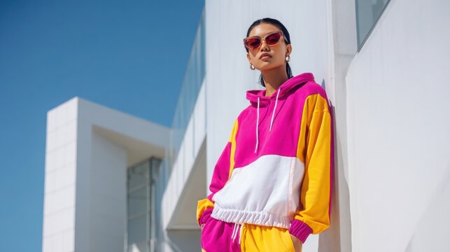 young person wearing bold colorblock sportswear set, standing in a sunlit architectural environment, modern athletic summer style