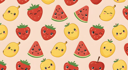Adorable Kawaii Fruit Pattern Seamless Mango, Strawberry, Watermelon Design