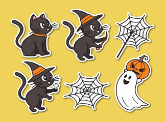 Cute Halloween Sticker Pack. adorable kitten in a pumpkin vector illustration on white background