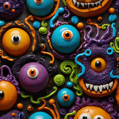 Colorful monster-themed cake decorated with vibrant candies for a festive celebration, generative ai