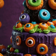 Colorful monster-themed cake decorated with vibrant candies for a festive celebration, generative ai