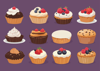 Assorted Cupcake and Muffin Vector Set with Berries and Frosting on Purple Background
