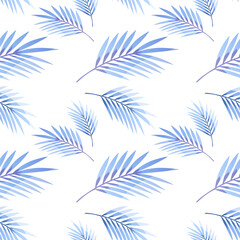 seamless pattern of blue tropical palm leaves on a white background