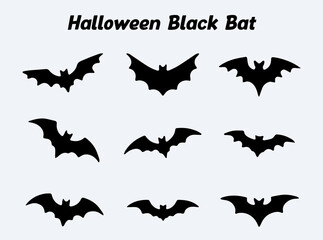 A set of spooky bat silhouette with different wing positions isolated on a white background ideal for Halloween. 