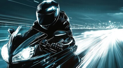 Dynamic motorcyclist speeding through illuminated city streets at night in a thrilling display of speed and precision