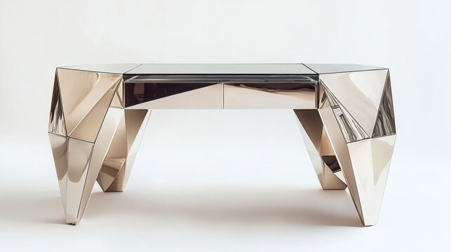 Unique modern desk with geometric design made from reflective materials in a minimalist setting - Powered by Adobe