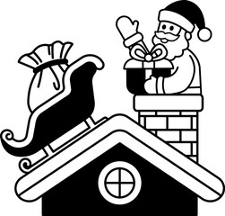 black and white illustration of a gift on chimney and a sleigh