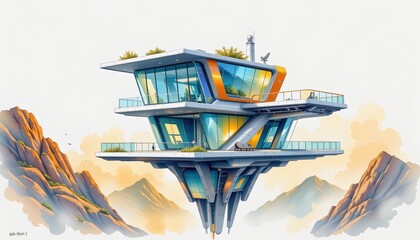 watercolor painting, futuristic two story house with reflective glass, floating decks, space station setting, white background