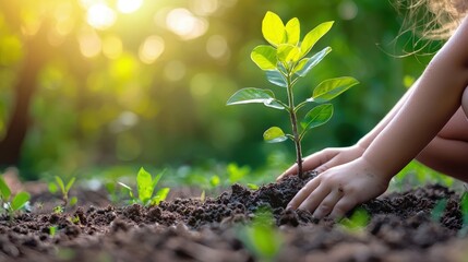 Young hands plant a small sapling in the earth.