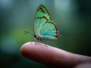 A close-up of a hand holding a delicate butterfly on the fingertip in natural light 