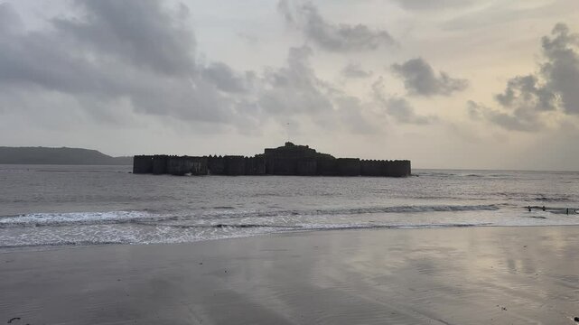 Scenic views of Murud-Janjira Fort off the Konkan coast of Maharashtra, India &mdash; a historic sea fort known for its impregnable walls, surrounded by the Arabian Sea and captured during monsoon with cras
