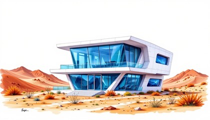 watercolor painting, futuristic two story house with reflective facade, smart glass, martian outpost setting, white background