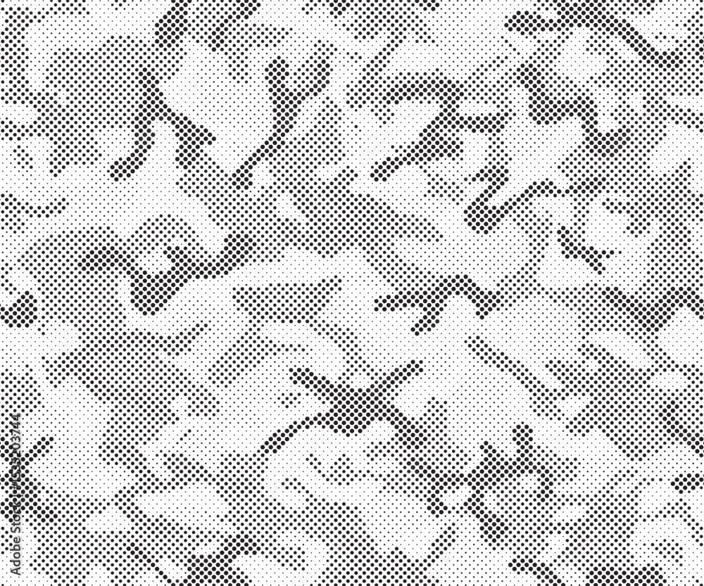 Poster Abstract halftone seamless camouflage pattern. Repeating digital dotted hexagonal camo military texture background. Abstract modern fabric textile ornament. Vector illustration.