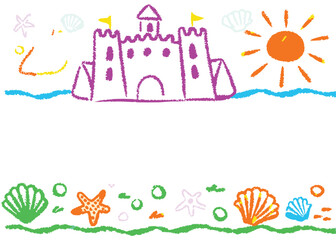 Naklejka premium A vibrant cartoon vector illustration perfect for a summer holiday beach card, featuring a cheerful animal and flower design frame with a sun-filled nature background