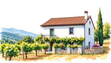 watercolor painting, mediterranean two story house with terracotta tiles, white facade, vineyard setting, white background, photorealistic