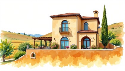 watercolor painting, mediterranean two story house with arched windows, ochre facade, vineyard hill setting, white background