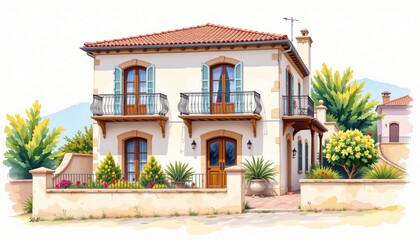 watercolor painting, mediterranean two story house with wrought iron balconies, pastel stucco, coastal village setting, white background