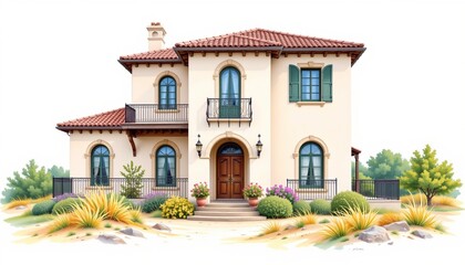 watercolor painting, mediterranean two story house with pastel plaster, wrought iron, coastal dune setting, white background