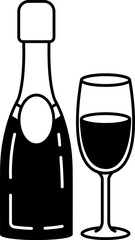 black and white illustration of a bottle of champagne and a glass of champagne