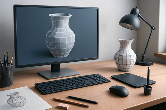 3D Wireframe Model and Sketch of a Vase on Designer's Desk