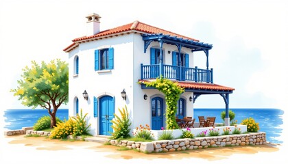 watercolor painting, mediterranean two story house with white stucco, blue trim, seaside setting, white background, photorealistic