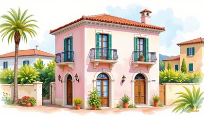 watercolor painting, mediterranean two story house with wrought iron balconies, pastel plaster, coastal village setting, white background